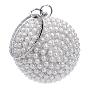 Sac de soirée sphérique élégant avec perles blanches, cristaux et poignées en métal