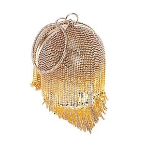 Sac de soirée sphérique doré avec strass, franges métalliques et poignées anneaux