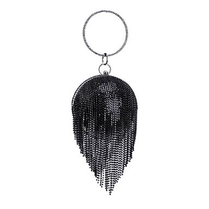Sac de soirée sphérique noir avec franges métalliques et poignée ronde en métal