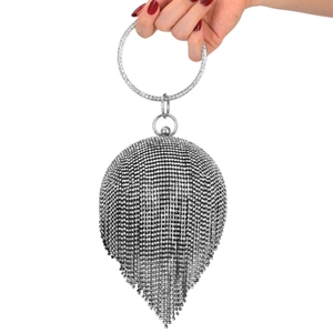Sac de soirée boule argentée avec glands en strass brillants et poignée anneau métal