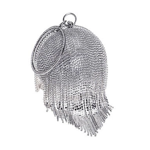 Sac de soirée sphérique argenté scintillant avec glands en cristal et poignée métal
