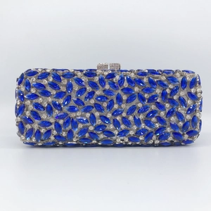 Women Evening Bag Clutch Rhinestone Blue Crystal Metal Box Hard Shell Luxury Party Wedding Handbag With Chain Strap