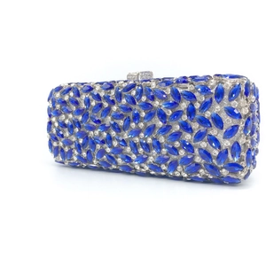 Exquisite royal blue crystal evening clutch bag with silver frame and jewelry clasp