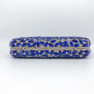 Elegant navy blue rhinestone evening clutch bag with leaf pattern and silver metal frame