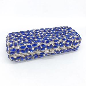 Elegant silver clutch bag with blue marquise crystals and white rhinestones for evening events