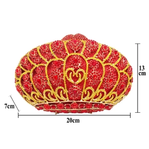 Detailed size view of luxury red crystal clutch bag with gold crown embellishment