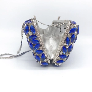 Silver evening clutch bag with blue marquise crystals and detachable chain strap