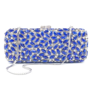 Luxury blue marquise rhinestone dinner clutch bag with silver chain for evening wear