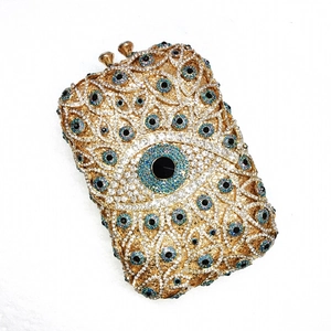 Luxuriöse goldene Abendtasche mit Kristall-Evil-Eye-Muster und funkelnden Strasssteinen