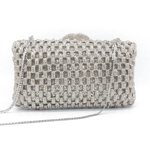 Elegant silver clutch evening bag with sparkling grid rhinestones and silver chain strap
