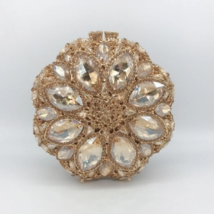 Women Evening Clutch Bag Luxury Rhinestone Crystal Flower Round Metal Hard Shell Handbag For Wedding Party