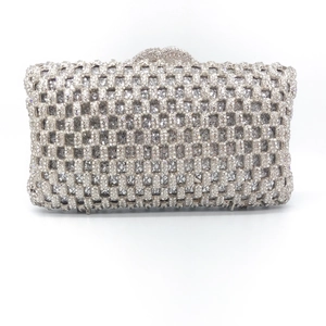 Elegant silver clutch bag with hollow metal box and crystal rhinestones for formal parties
