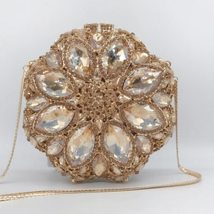Luxurious round flower evening clutch bag with full champagne crystal inlay and chain