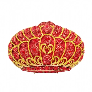 Luxury red rhinestone evening clutch bag with golden crown crown frame for women