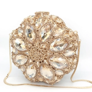 Round champagne crystal evening clutch bag with sparkling floral rhinestone pattern and gold chain