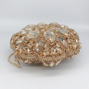 Luxury gold round floral evening clutch bag with champagne crystals and chain