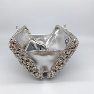 Elegant silver rhinestone clutch evening bag with geometric hollow metal frame and chain
