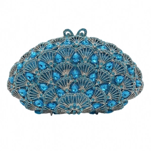 Pochette de soirée bleue royale en forme d'éventail avec cristaux et motifs ajourés