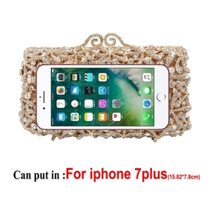 Detailed size comparison of luxury gold starfish evening bag holding an iPhone 7 Plus