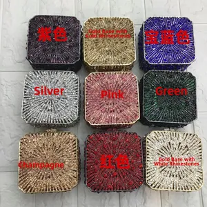 Detailed grid of crystal-studded evening clutch bags in nine vibrant metallic colors