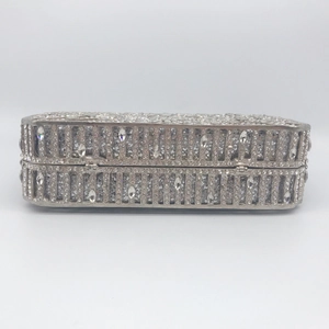 Elegant silver rectangle evening clutch bag with sparkling crystals and metal frame