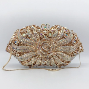 Luxury Rose Flower Rhinestone Evening Clutch Bag Metal Hollow Out Sparkling Crystal Banquet Wedding Handbag For Women
