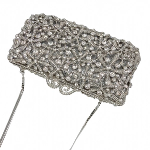 Close-up of luxury silver hollow evening bag with starfish crystal rhinestones and chain