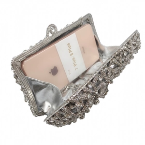 Internal view of silver starfish crystal evening bag showing space for large smartphones