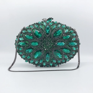 Emerald Green Rhinestone Evening Clutch Bag Oval Metal Hard Shell Crystal Purse With Detachable Chain For Wedding Party
