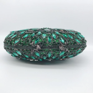 Elegant emerald green crystal encrusted hollow metal evening clutch bag with push clasp