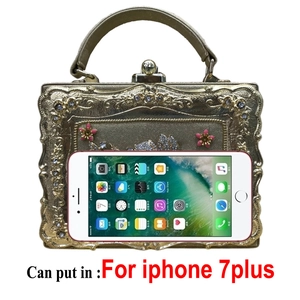 Detailed size comparison showing a gold floral hard case bag next to an iPhone 7 Plus