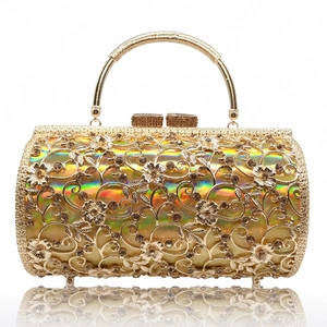 Hollow Metal Rhinestone Evening Bag Cylinder Clutch Handbag With Chain Strap For Wedding Party Banquet Luxury Elegant