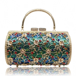 Luxury hollow floral metal clutch bag with colorful rhinestones and gold handle