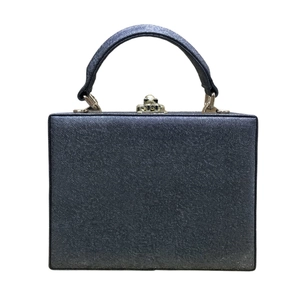 Dark blue rectangular trunk bag with saffiano texture and silver metallic lock