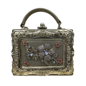 Vintage Rhinestone Evening Handbag Floral Enamel Box Bag With Metal Frame PU Leather Party Clutch For Women