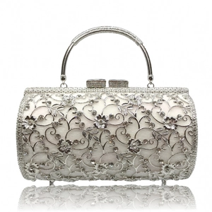 Elegant silver hollow floral evening clutch bag with sparkling rhinestones and metal handle