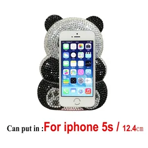 Panda-shaped crystal evening clutch bag with full rhinestones and mobile phone size reference
