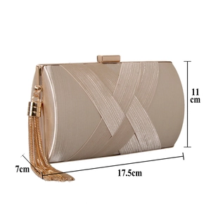 Detail view of champagne silk clutch bag with dimensions 17.5cm x 11cm x 7cm and tassel