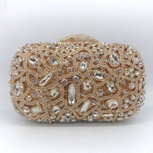 Rhinestone Evening Clutch Bag Metal Hollow Out Hard Shell Crystal Handbag With Detachable Chain Strap For Women