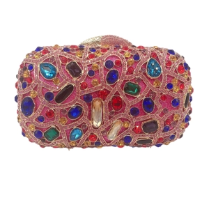 Luxury pink evening clutch bag with colorful rhinestones and geometric jewel patterns