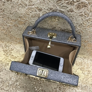 Interior view of silver glitter evening bag with velvet lining and gold metal clasp