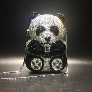 Exquisite panda-shaped evening clutch bag with black and silver crystal rhinestones