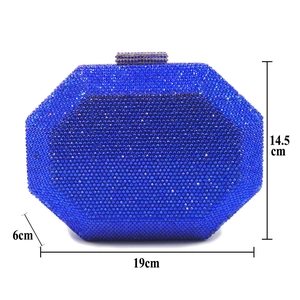 Detailed front view of a blue crystal evening clutch bag with precise size annotations