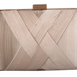 Detail of champagne gold silk evening clutch with crisscross pleated fabric texture
