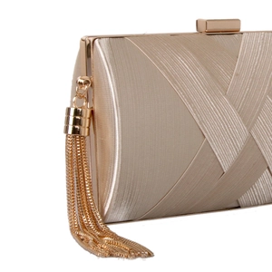 Champagne silk clutch bag featuring woven pleated fabric and elegant gold chain tassels