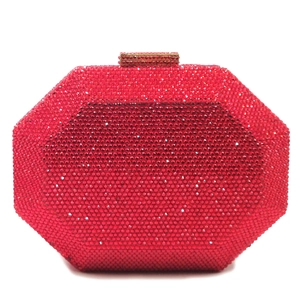 Octagonal red evening clutch bag with sparkling crystals and gold metal clasp