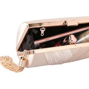 Detail of champagne gold silk evening bag showing tassel fringe and interior capacity