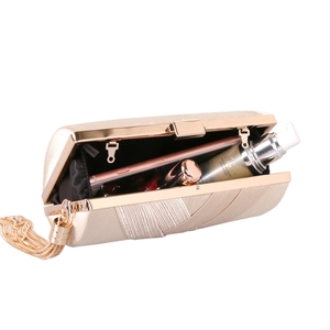 Champagne silk tassel evening clutch bag with metal frame showing internal capacity
