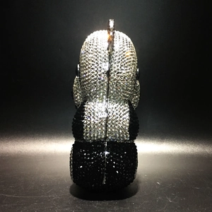 Detail of handmade panda crystal evening bag featuring premium black and silver rhinestones