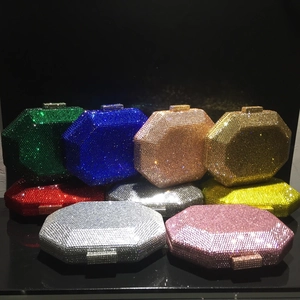Collection of octagonal crystal evening clutch bags in eight vibrant metallic colors
